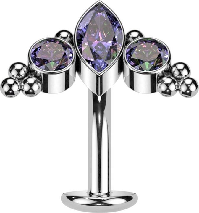 Hollywood Body Jewelry Threadless Labret-Stab Banane silber Ovaler Kristall dunkel multicolor und zwei Kristalle dunkel mul (Titan)