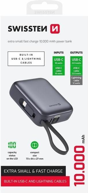 Swissten Power Bank 10000 Mah with Built-In Cables USB-C and Lightning Space Silver (10000 mAh, 22.50 W, 22.50 Wh)