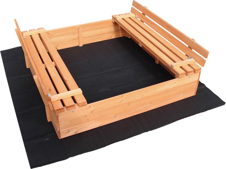 Produktbild Wiltec Sandkasten mit Deckel 2 Sitzbänke 98x98x21cm Sandkiste Holz Sandbox Vliesboden