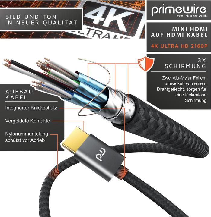 Produktbild Primewire Mini HDMI auf HDMI Kabel, Typ C auf Typ A, 4K miniHDMI Adapterkabel 3840 x 2160 @ 60 Hz, HDR, ARC (1.50 m, HDMI)