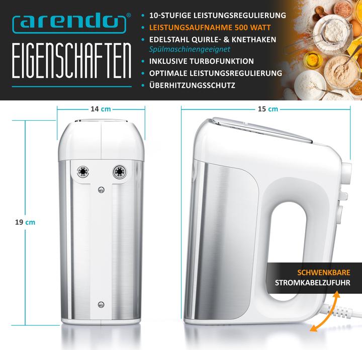 Actual product image Arendo Hand mixer, electric hand mixer incl. 2 whisks & 2 dough hooks made of stainless steel, hand mixer (500 W)