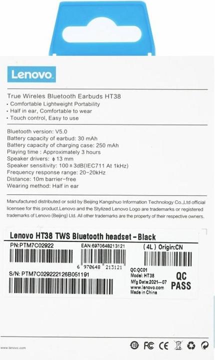 Productafbeelding Lenovo HT38 TWS Hoofdtelefoon (Zwart) (Geen ruisonderdrukking, 10 h, Draadloze)