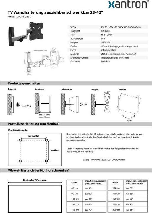 Actual product image Xantron TV wall mount swivel (Wall, 42", 30 kg)