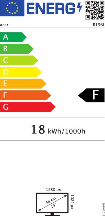 Energie-Label Acer B196LAymdr 48,3cm 19Zoll TFT IPS 1280x1024 1000:1 5ms 250cd/m² VGA DVI Lautsprecher hoehenverstel... (1280 x 1024 Pixel, 19")