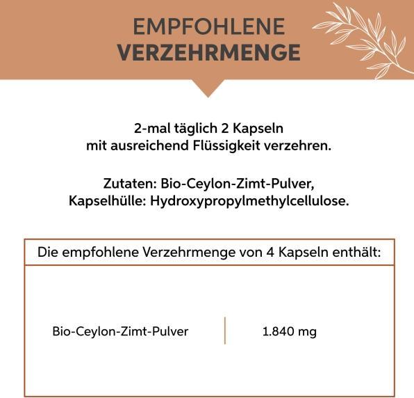 Valori nutrizionali e ingredienti Eltabia Capsule di cannella biologica 200 (200 Pezzo/i, Pillole)