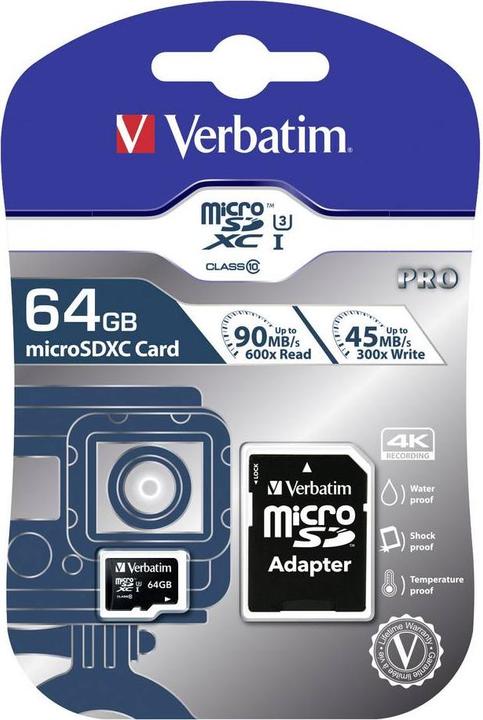 Produktbild Verbatim Pro (64 GB, microSDXC, U3, UHS-I)