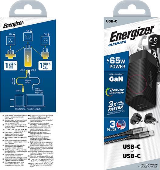 Immagine prodotto Energizer Caricabatterie Power Delivery - 65 W - UE/UK/US incluso cavo USB-C a USB-C (65 W)