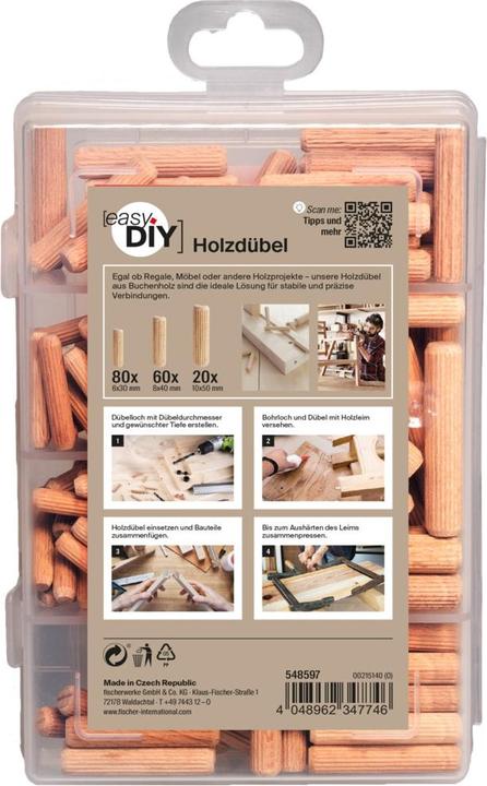 Image du produit Fischer Aides pratiques Glue & Connect, boîte d'assortiment avec 160 chevilles en bois, set pour des (160 pcs)