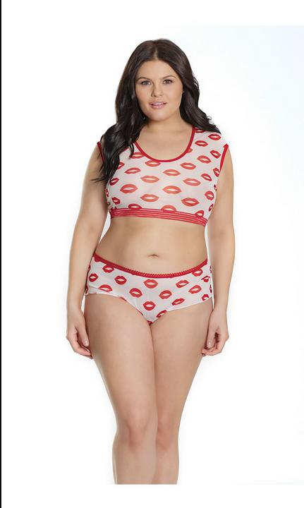 Actual product image Coquette Lip Print Crop Top & Short - White - Queen (Plus Size)