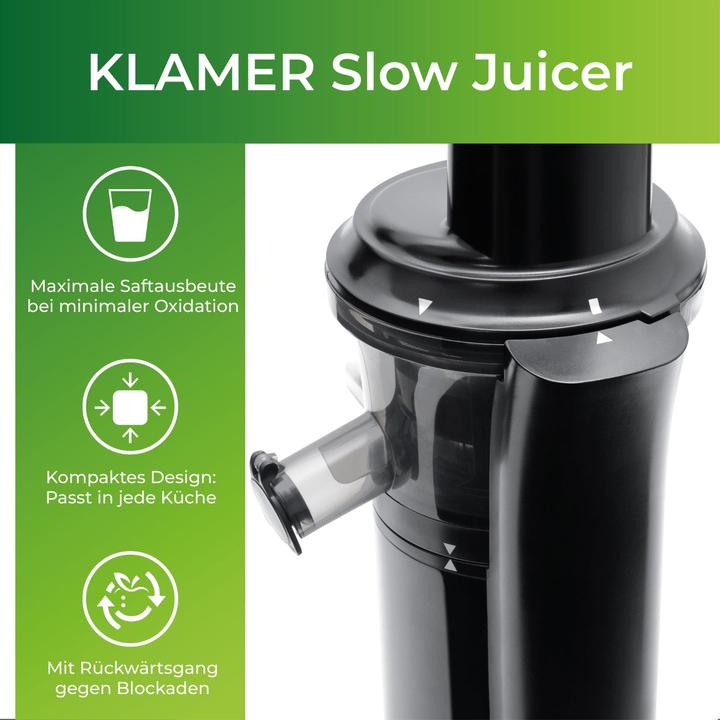 Produktbild KLAMER Slow Juicer Gemüse und Obst, Entsafter mit Rückwärtsgang, elektrische Fruchtpresse