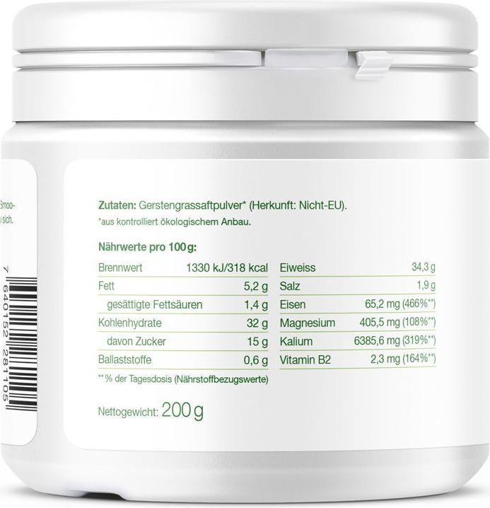 Nährwerte und Zutaten Effective Nature Bio Gerstengrassaft Pulver (1 Stück, Pulver, 200 g)