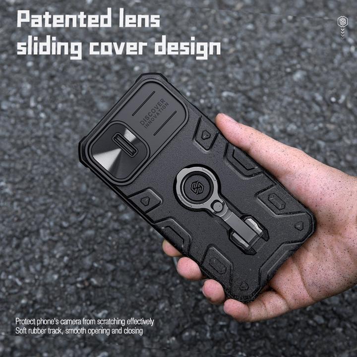 Produktbild Nillkin CamShield Armor Pro Magnethülle für iPhone 14 MagSafe Armoured Cover Standring Schwarz (Apple iPhone 14, Apple iPhone 13)