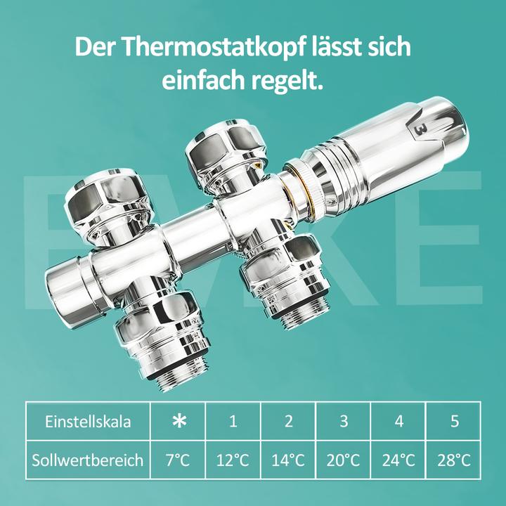 Produktbild Emke Thermostatventil, Universalventil mit Thermostat für Heizkörper, 10 bar, 7 Stufen, Chrom