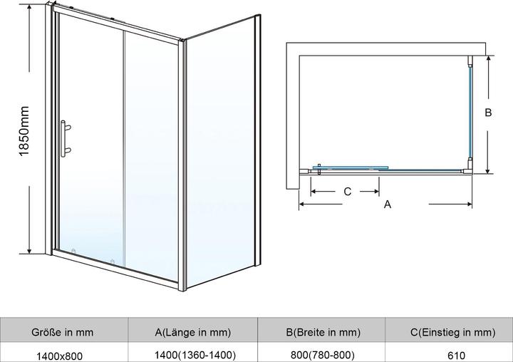 Immagine prodotto SONNI 140x80cm cabina doccia porta scorrevole cabina doccia cabina doccia (140 cm, 170 cm, 185 cm)