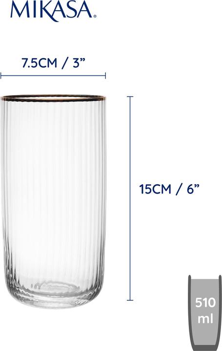 Produktbild Mikasa Sorrento Ridged Crystal Highball Glasses, Set of 4, 510ml (0.51 l, 4 x)