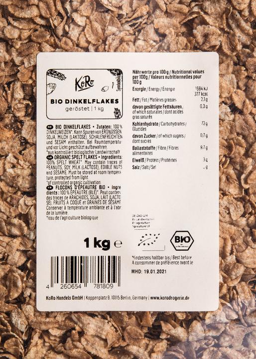 Nährwerte und Zutaten KoRo Bio Dinkelflakes (1000 g)