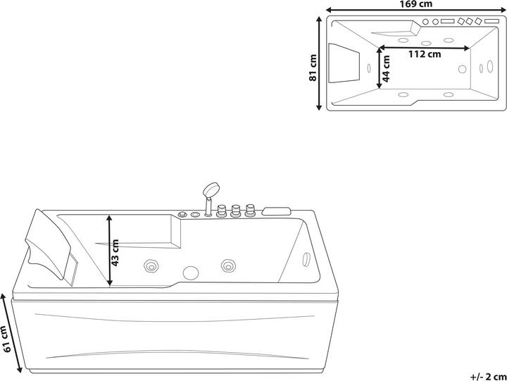 Produktbild Beliani Whirlpool Badewanne schwarz rechteckig mit LED 169 x 81 cm links ARTEMISA (200 l, 112 cm, 81 cm)