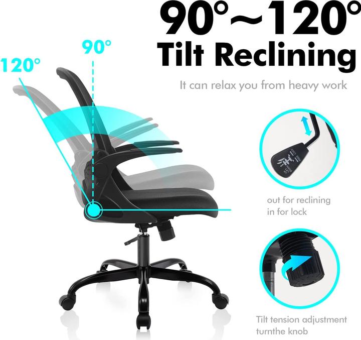 Actual product image Kerdom Ergonomic Desk Chair with Folding Armrests 933-C Black