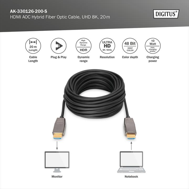 Image du produit Digitus Câble de fibre optique hybride HDMI AOC, UHD 8K, 20 m (20 m, HDMI)