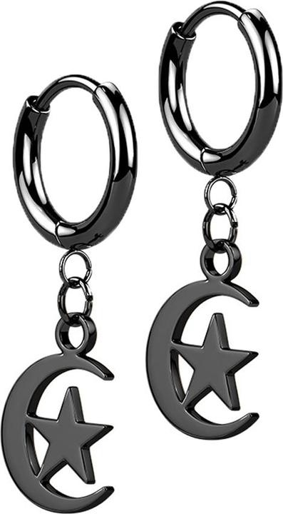 Produktbild Star Piercing Ohrring schwarz Anhänger Mond und Stern (ohne Messing, Chirurgenstahl 316L)