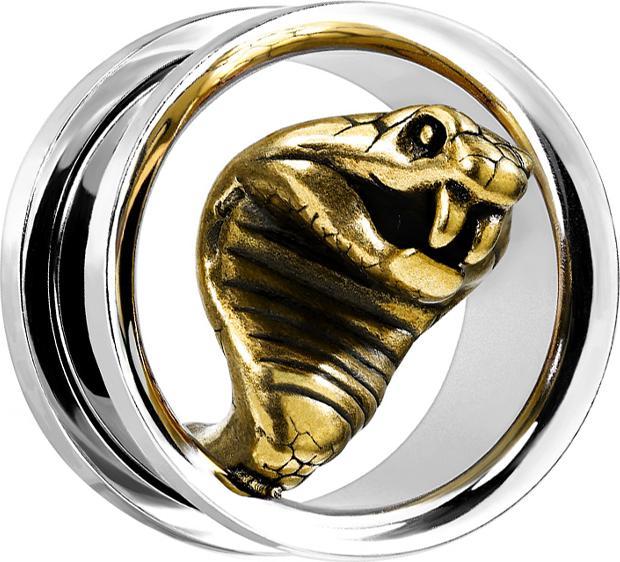 Actual product image Star Piercing Flesh Tunnel silver with golden cobra (without brass, Surgical steel 316L)