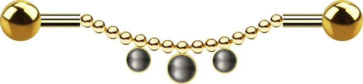 Immagine prodotto Star Piercing Barbell placcato oro due palle catena tre perle nero (Acciaio chirurgico 316L, senza ottone)