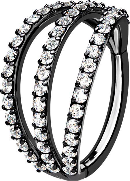 Star Piercing Micro Segmentring klappbar schwarz drei Ringe mit Kristallen (ohne Messing, Chirurgenstahl 316L)