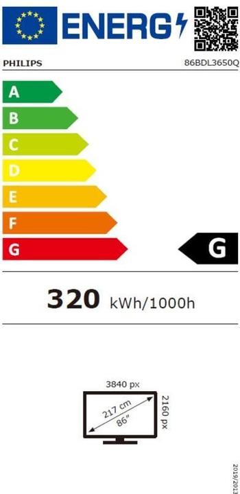 Label énergétique Philips Solution de signalisation Q-Line 86BDL3650Q/00 (3840 x 2160 pixels, 86")