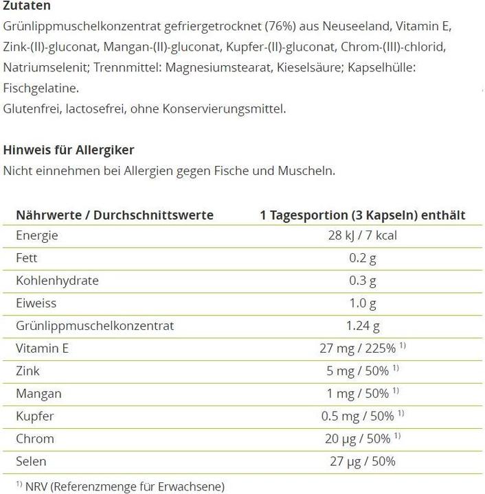 Nutritional values and ingredients Alpinamed Green-lipped mussel (120 Piece, Capsules, 140 g)