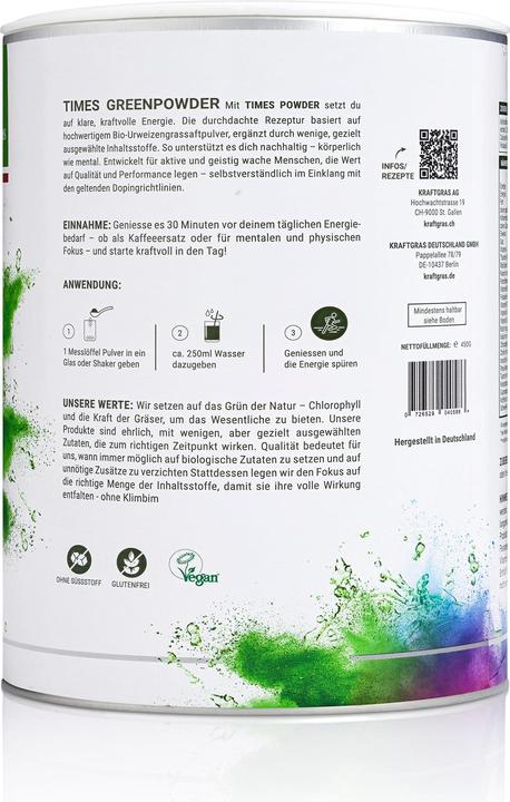 Nutritional values and ingredients Kraftgras Greenpowder Times (1 Piece, Powder, 450 g)