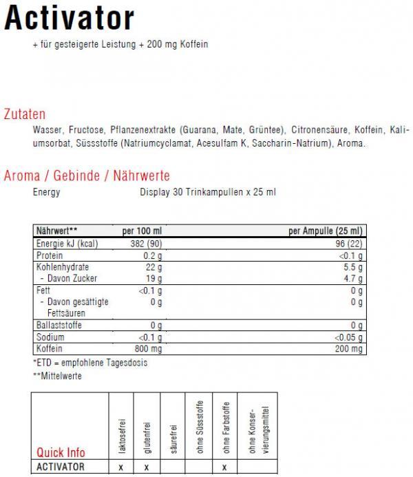 Valeurs nutritives et ingrédients Sponser Activateur 200 (Cola, Citron, 30 pcs, 1300 g)