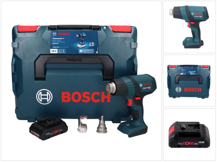 1x Bosch GHG 18V-50 Professional Akku Heissluftgebläse, 1x Reflektordüse (32 x 33 mm), 1x Reduzierdüse (9 mm), 1x Bosch ProCORE 18 V 4,0 Ah Akku, 1x Bosch L-Boxx
