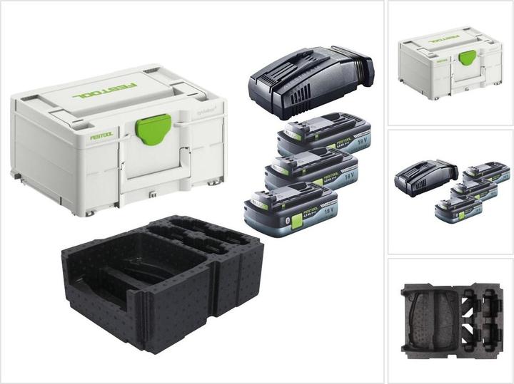3x Festool BP 18 Li 4,0Ah HPC-ASI battery pack 18V 4,0Ah HighPower battery Bluetooth with Airstream, 1x Festool SCA 16 quick charger 10,8 V - 18 V, 1x Festool Systainer SYS3 M 187, matching inlay