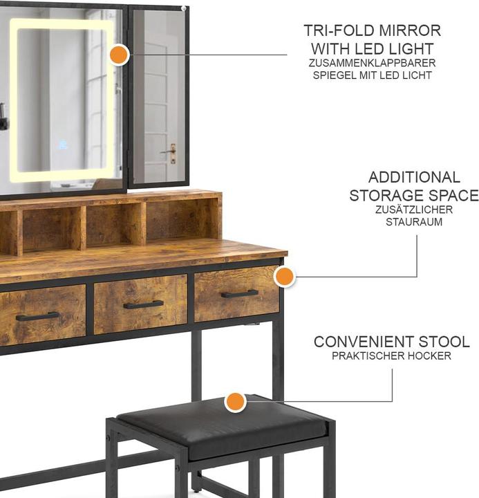 Actual product image Vichy Dressing table Fyrk, Rustic oak, 90 cm with stool and LED mirror