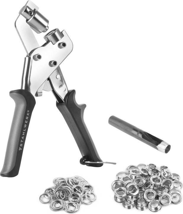 Stahlwerk Ösenzange Set 10 mm mit Lochstanze und 125 Ösen aus gehärtetem Stahl (215 mm)