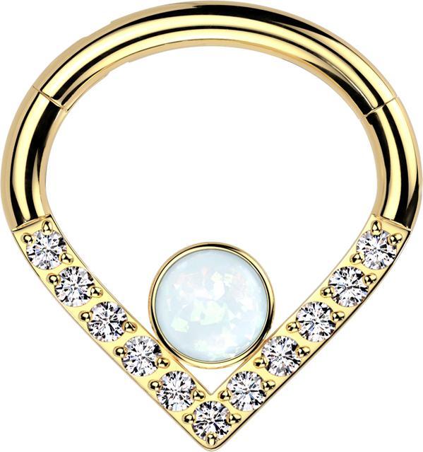 Produktbild Star Piercing Micro Segmentring klappbar Winkel vergoldet Kristalle silber grosser Opal weiss (ohne Messing, Titan G23)