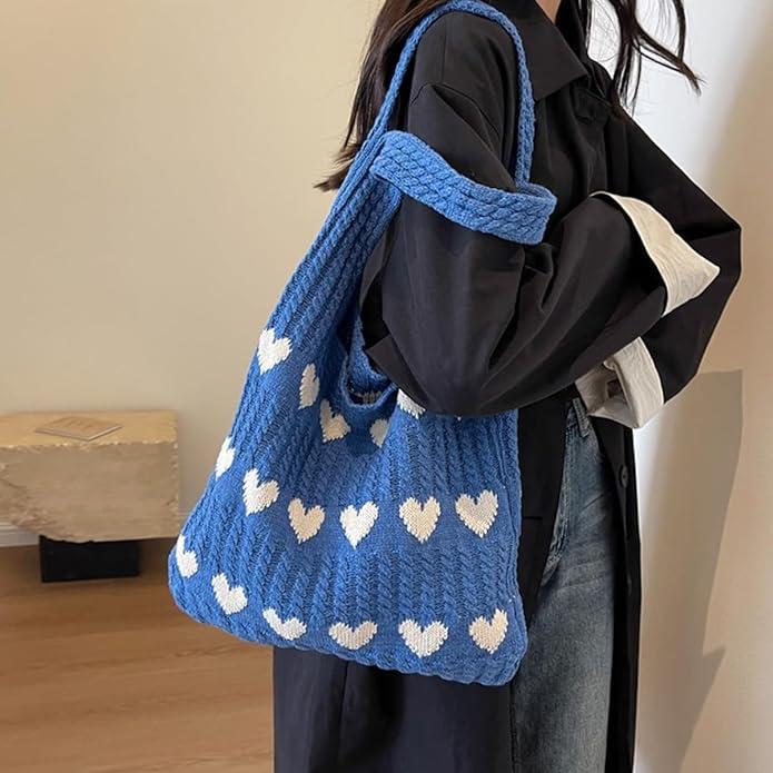 Actual product image Only-Bags.Store Minimalist love pattern hobo bag, knitted storage shopping bag, lightweight holiday bag