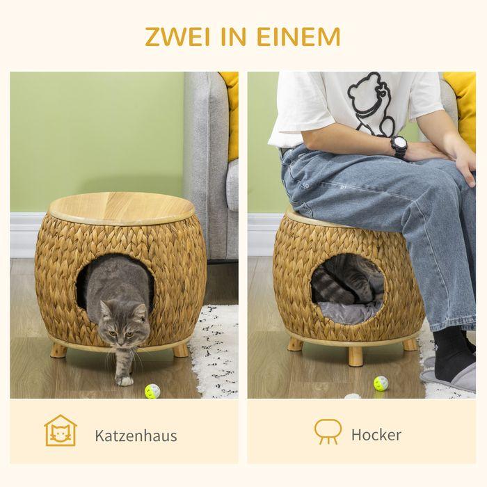 Produktbild Swisshandel24 Katzenhöhle aus Rattan 2-in-1 Design Katzenkorb mit Kissen Haustierbett Wasserhyazinthengras Paulown (Katze)