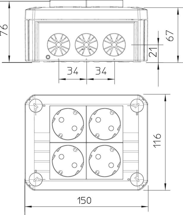 Actual product image OBO Bettermann OBO T 100 4MSD WS Cable junction box 151x117x67 PP 4xsockets 33Â°ws 2+2 lichtg