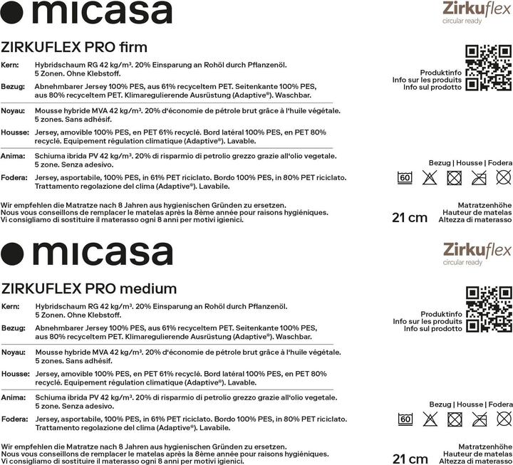 Valeurs nutritives et ingrédients micasa Zirkuflex Pro (140 x 200, Noyau de mousse)