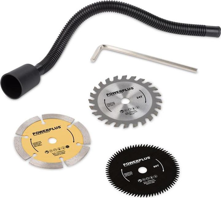 Produktbild Powerplus POWX1365MB Kreissäge - 600W - 89mm - Inkl. Laser, Absaugung, 3 Kreissägeblätter und Gehrungslade