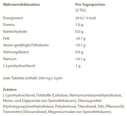 Valori nutrizionali e ingredienti Burgerstein L-lisina (90 Pezzo/i, Pillole, 50 g)