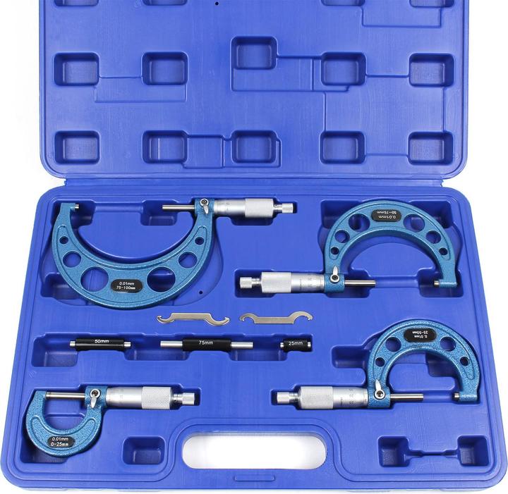 Produktbild Wiltec Mikrometer Set 0-100 mm 0,01mm 4 Bügelmessschrauben Stahl Werkzeug Koffer