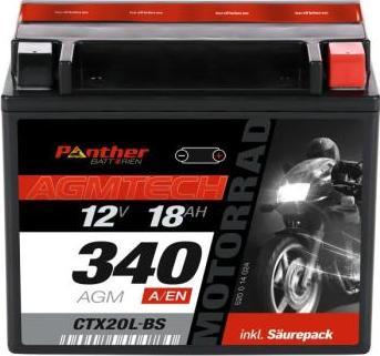 Panther Batterien Motorradbatterie YTX20L-BS 12V 18Ah AGM (12 V, 18 Ah)