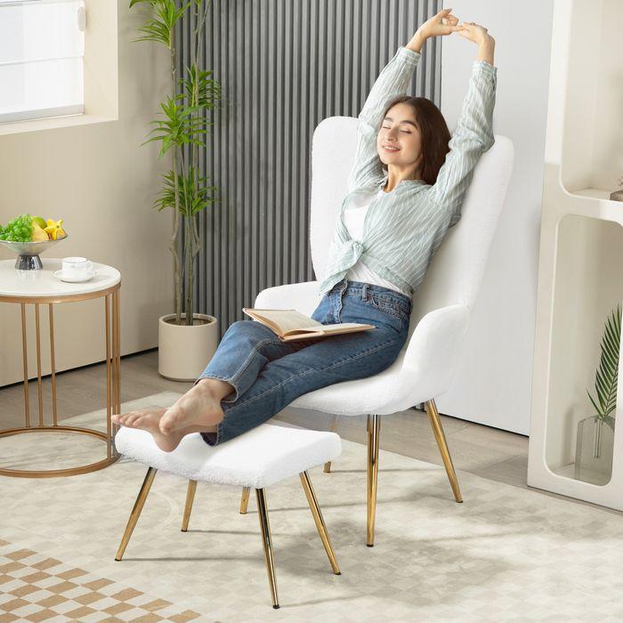 Immagine prodotto Swisshandel24 Ohrensessel mit Hocker, Sessel mit Sherpa-Bezug, Hohe Rückenlehne, Weiss