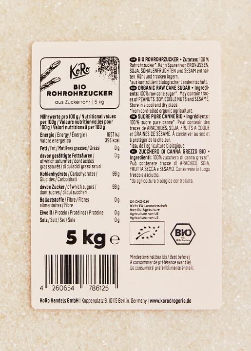 Nährwerte und Zutaten KoRo Bio Rohrohrzucker (5000 g)