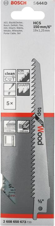 Produktbild Bosch Professional Zubehör Säbelsägeblatt S 644 D, Top for Wood, 5er-Pack