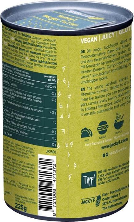 Valeurs nutritives et ingrédients Jacky F. Jeunes fruits de jacquier dans une saumure biologique (400 g)