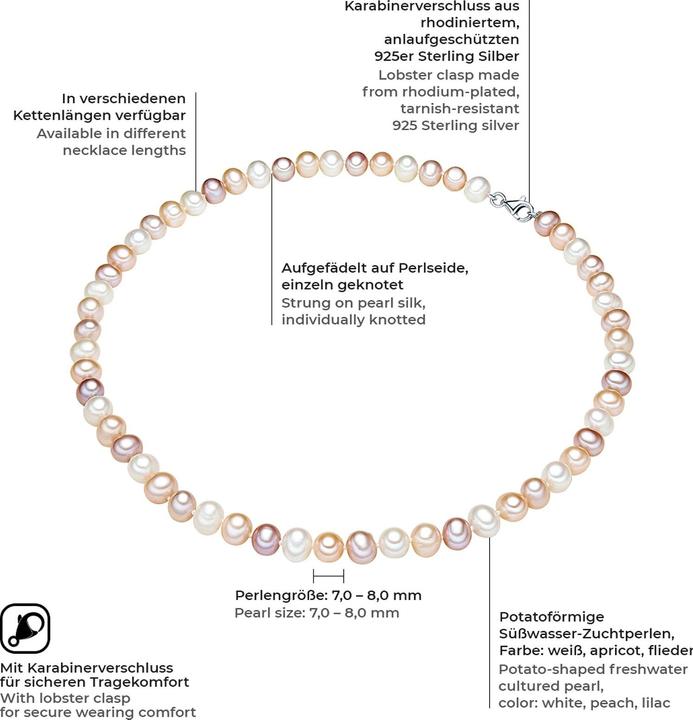 Produktbild Valero Pearls Damen Sterling Silber Süsswasser-Zuchtperle silber - 3832 (Sterling Silber, 50 cm)