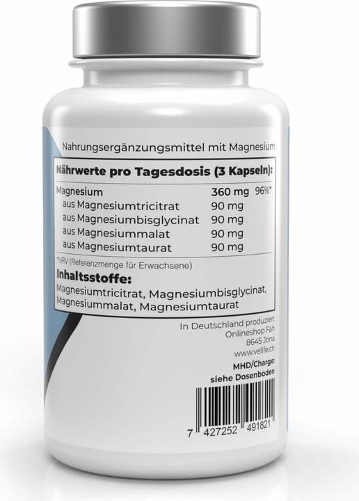 Nährwerte und Zutaten VeLife Magnesium Komplex (120 Stück, Kapseln, 105 g)